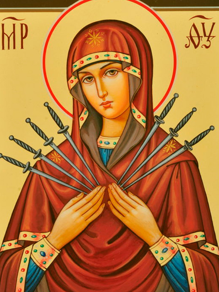 Семистрельная (Умягчение злых сердец) икона Божией Матери в деревянной рамке 37 х 44,5 см